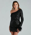 Devin Sequin One-Shoulder Marabou Mini Dress