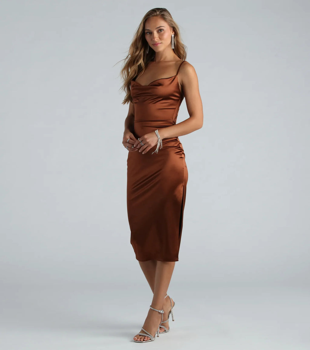 Emilia Satin High Slit Formal Midi Dress