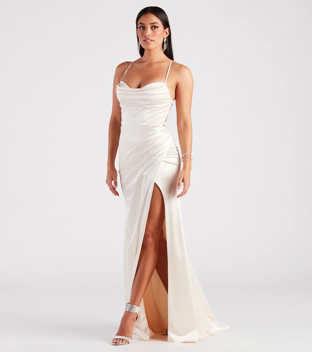 Melinda Satin Lace-Up Formal Dress