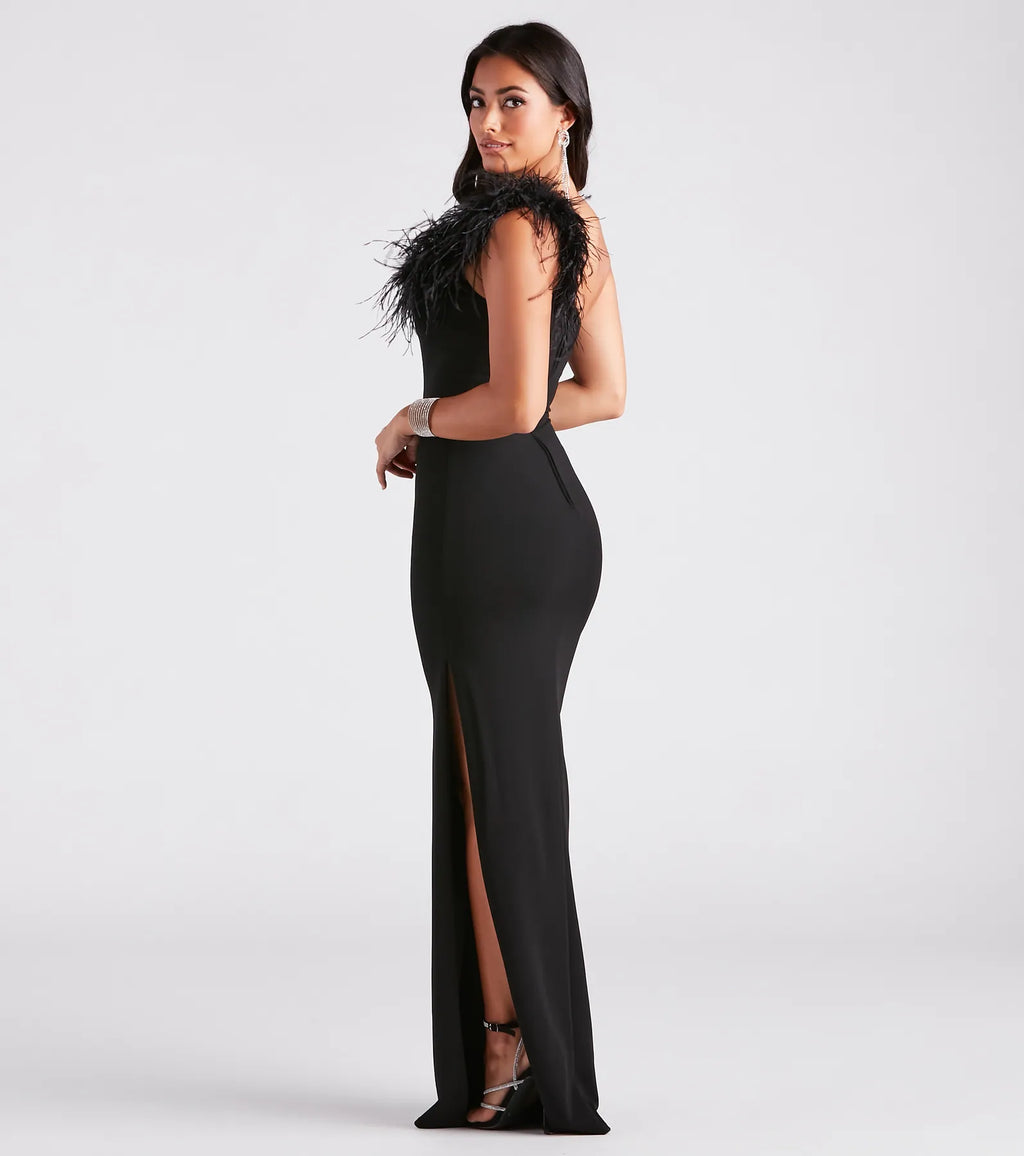 Patricia Formal Crepe Marabou Long Dress