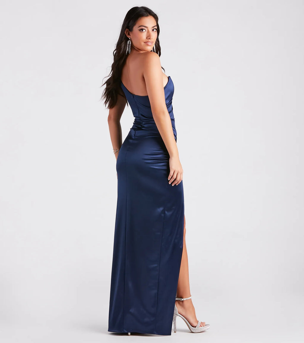 Isla Satin One-Shoulder Wrap Dress