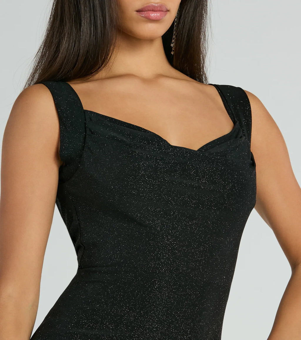 Claire Low-Back Slim Glitter Mesh Formal Dress
