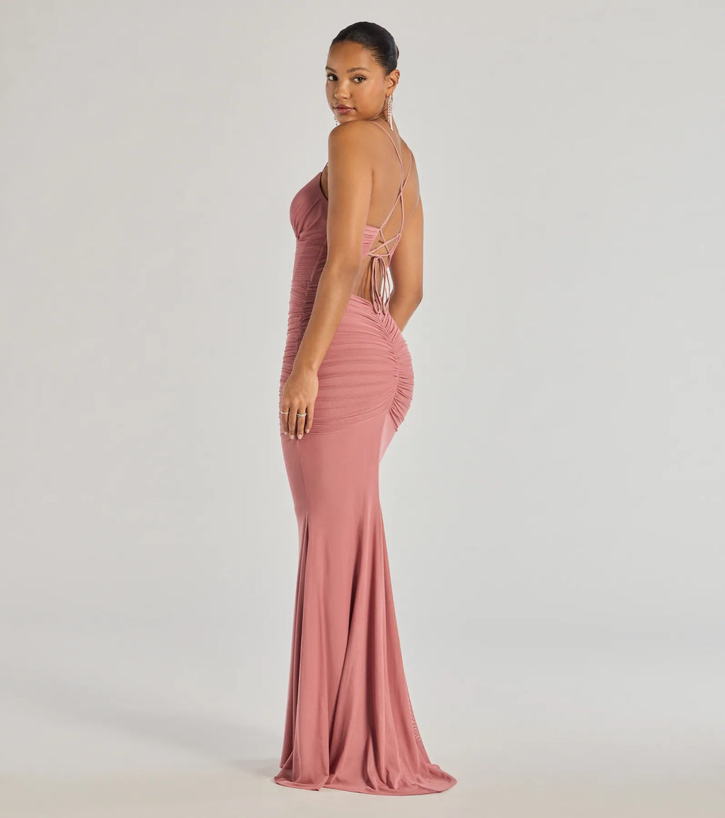 Lexi Formal Mesh Lace-Up Mermaid Long Dress