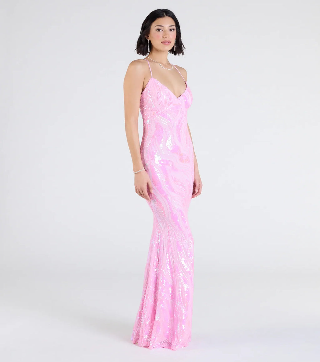 Acacia Iridescent Sequin Lace-Up Formal Dress
