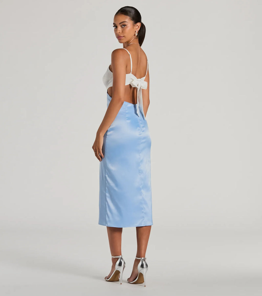 Perfect Pairing Tie Back Color Block Satin Midi Dress