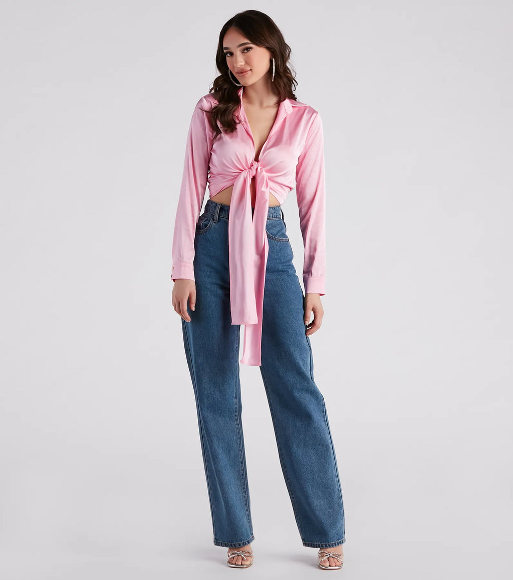 So Sleek Satin Tie-Front Blouse
