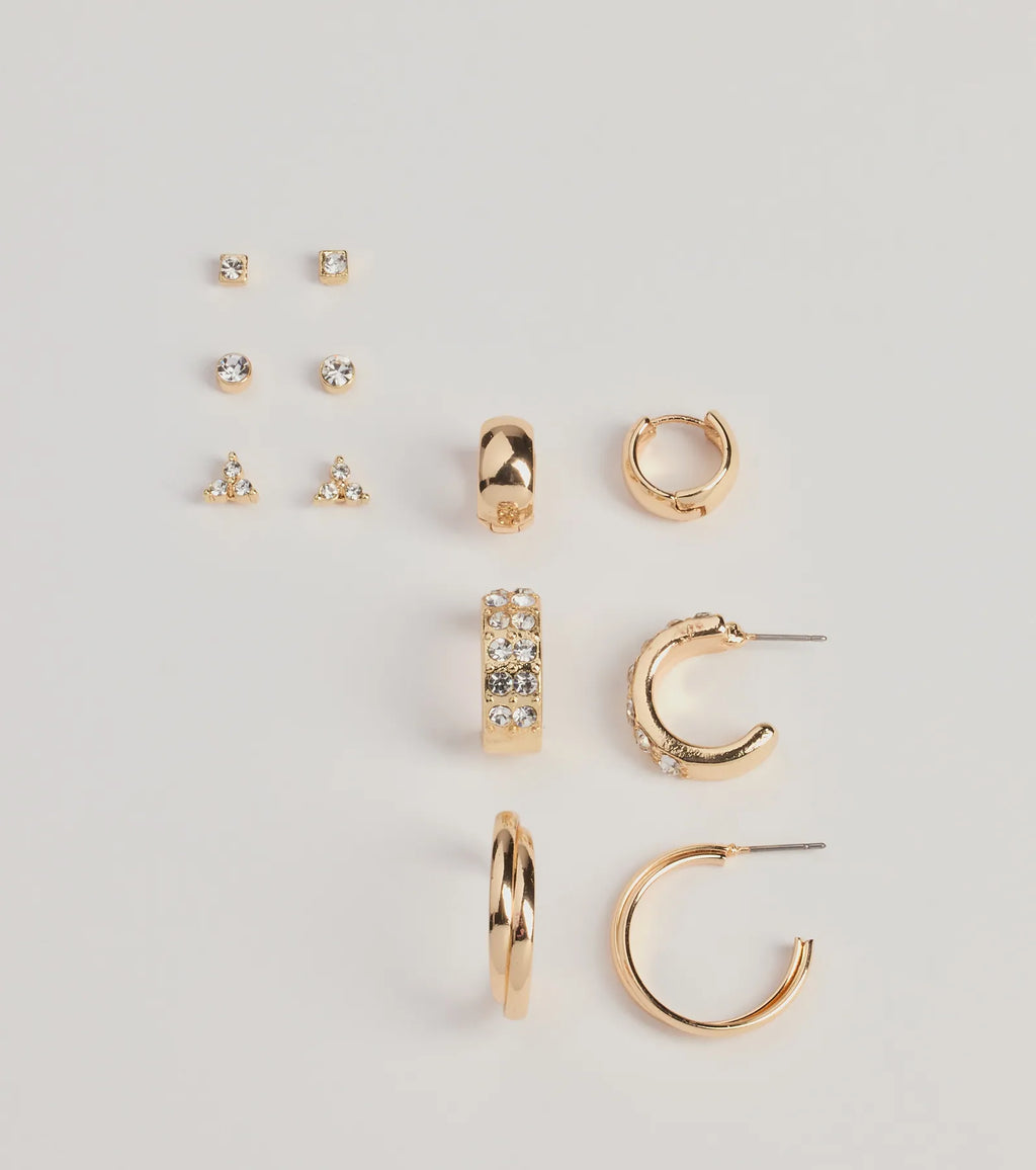 Trendy Sparkle Stud And Hoop Earrings Set