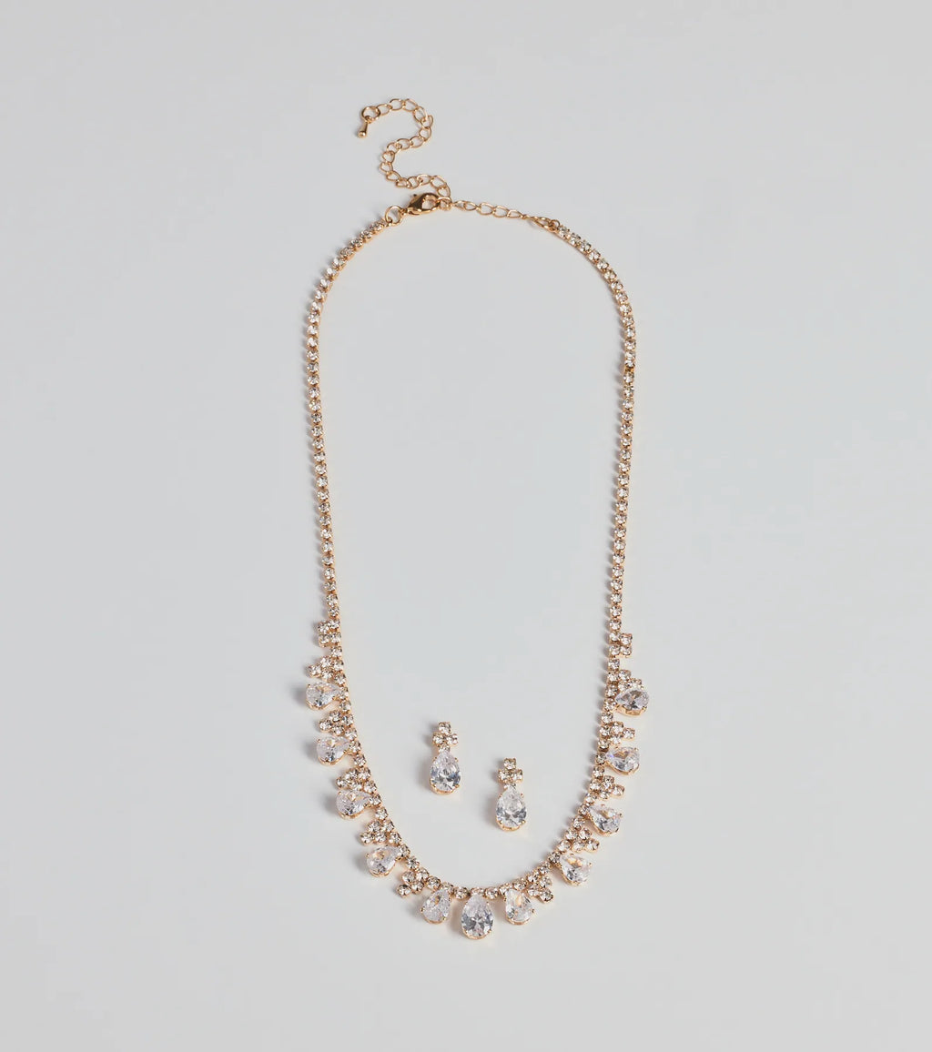 Glitzy Teardrop Rhinestone Necklace And Earrings Set
