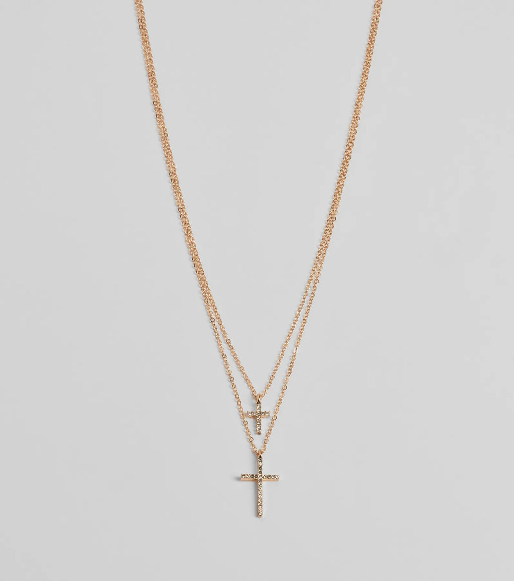 Chic Rhinestone Cross Charm Layered Necklace