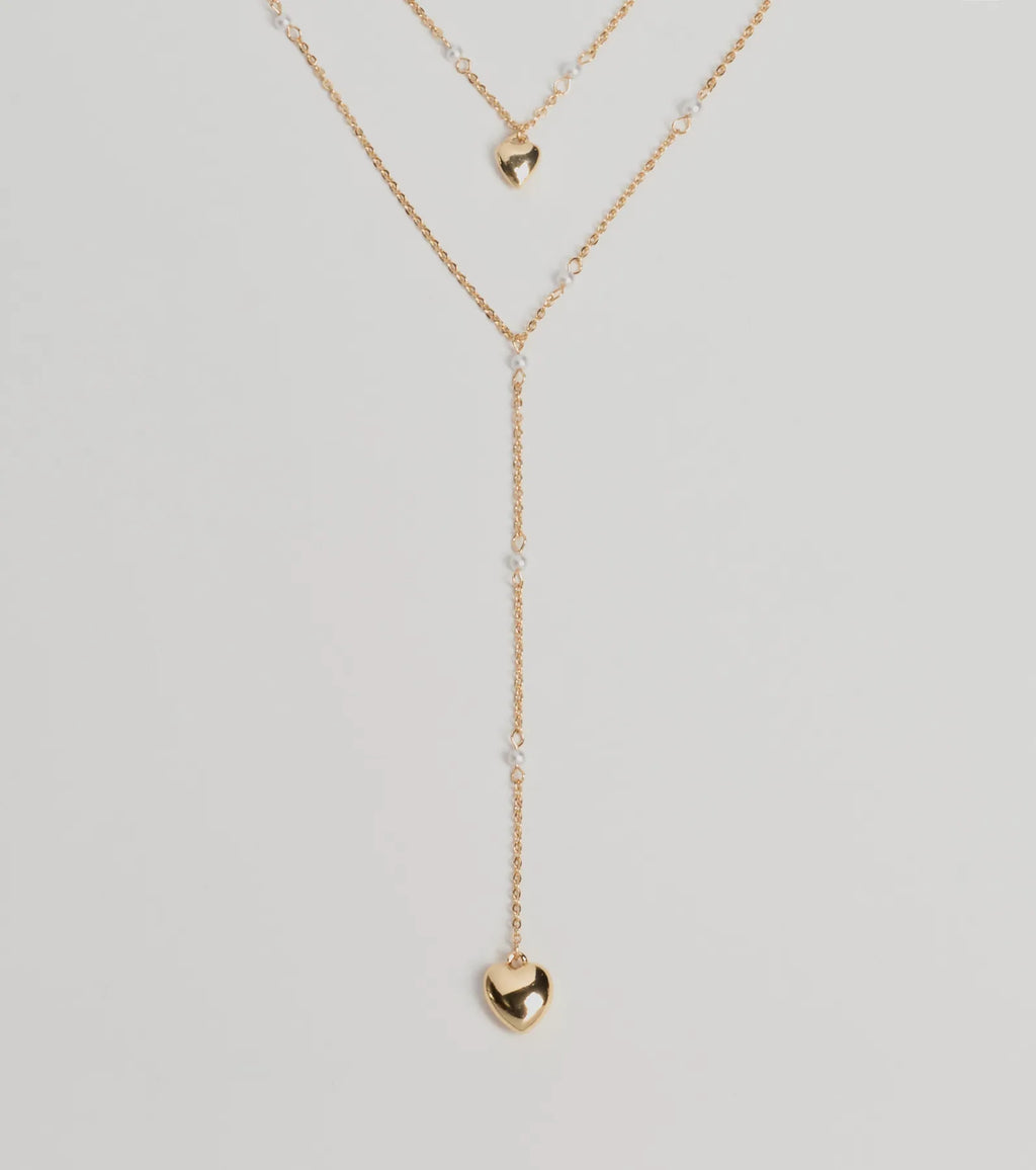 Sweet Glam Layered Faux Pearl And Heart Pendant Necklace