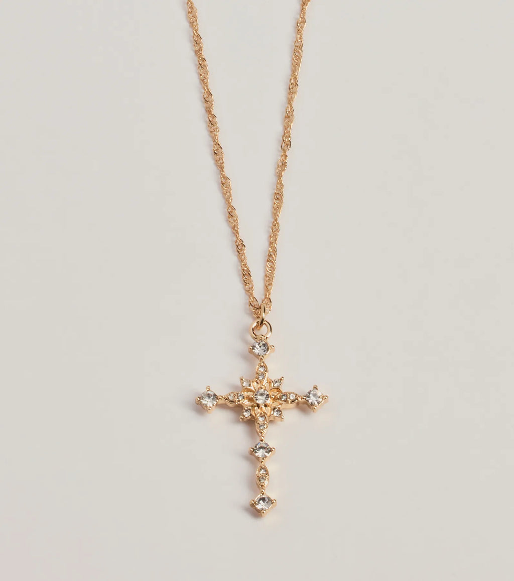 Dainty Glam Rhinestone Cross Pendant Necklace