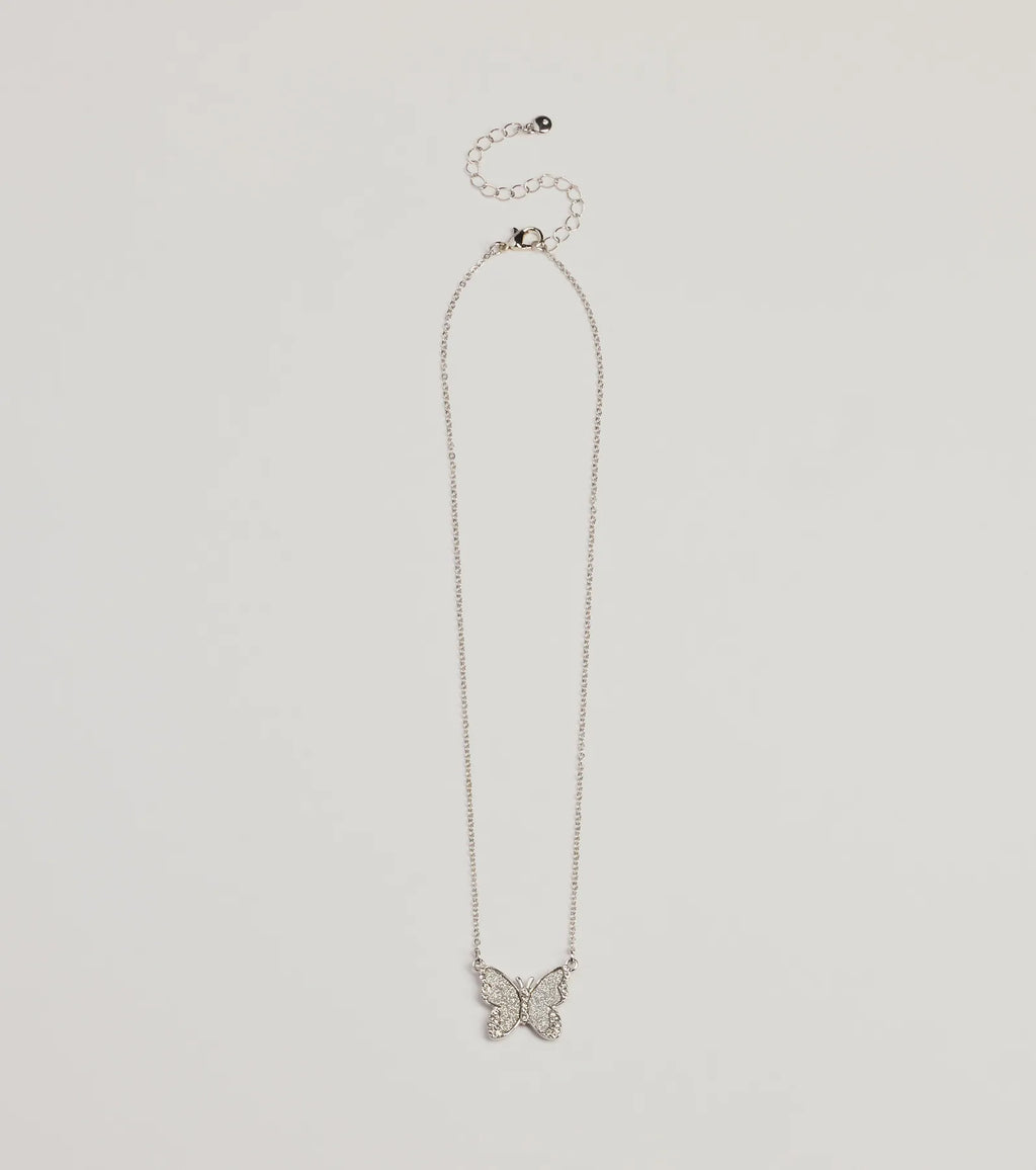 Fluttery Glam Rhinestone Butterfly Pendant Necklace
