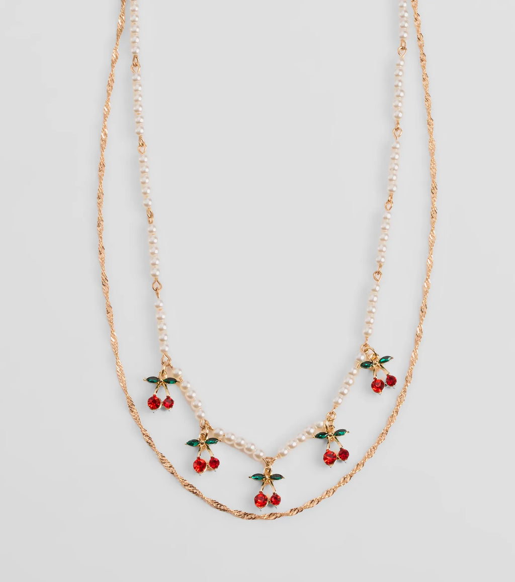 Taste So Sweet Cherry And Faux Pearl Layered Necklace