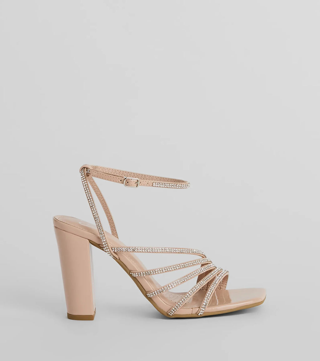 Ready To Party Rhinestone Strappy Metallic Block Heels