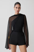 Ida Sheer Asymmetrical Long Sleeve Cape - Black