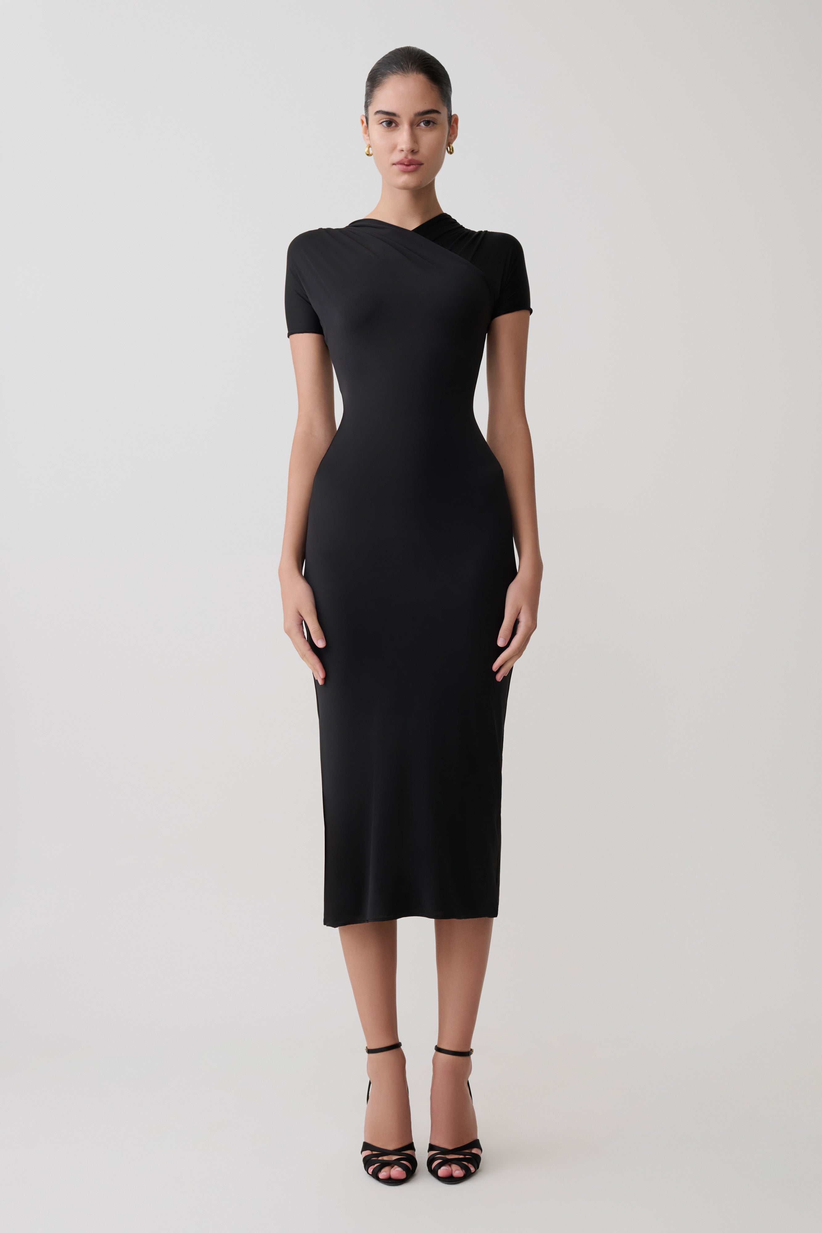 Junie Cross-Over Neck Slinky Maxi Dress - Black
