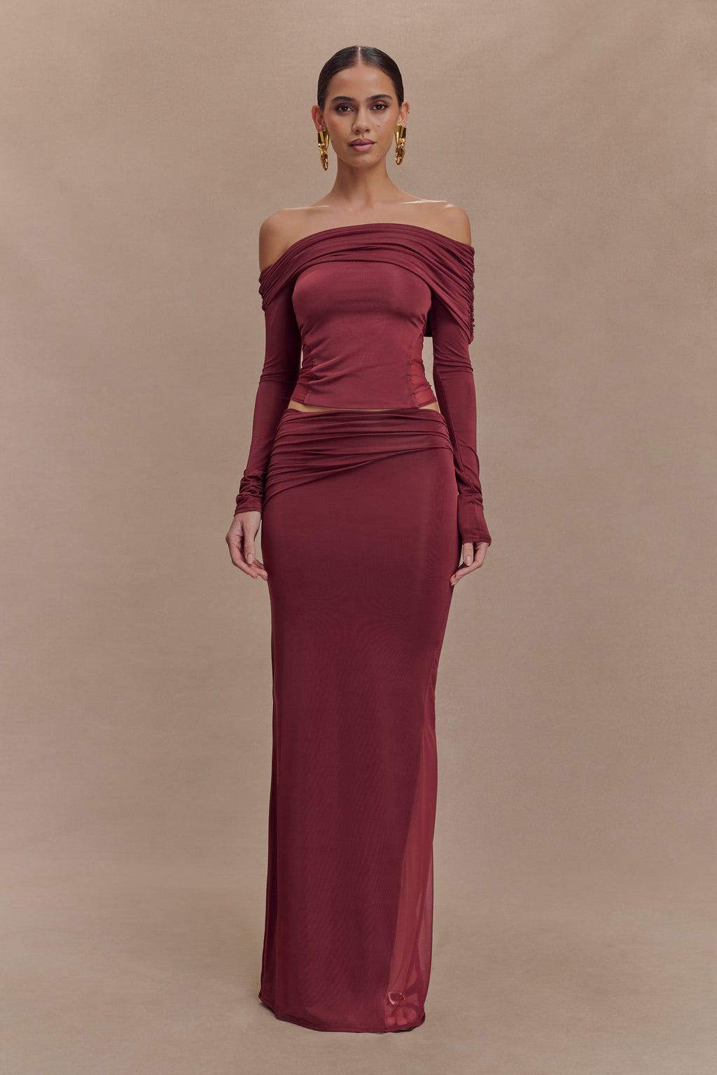 Judy Slinky And Mesh Off Shoulder Top - Wine
