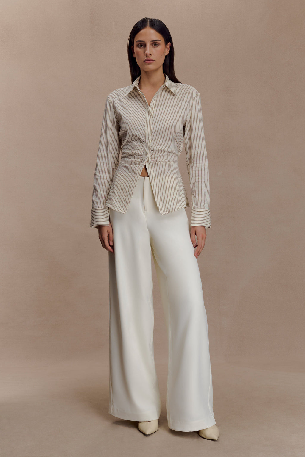 Millie Tie Back Cotton Shirt - Beige Pinstripe