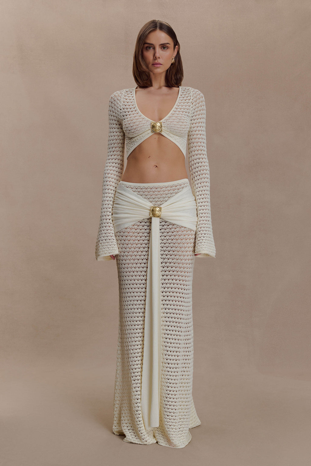 Mania Crochet Long Sleeve Cropped Top - Ivory
