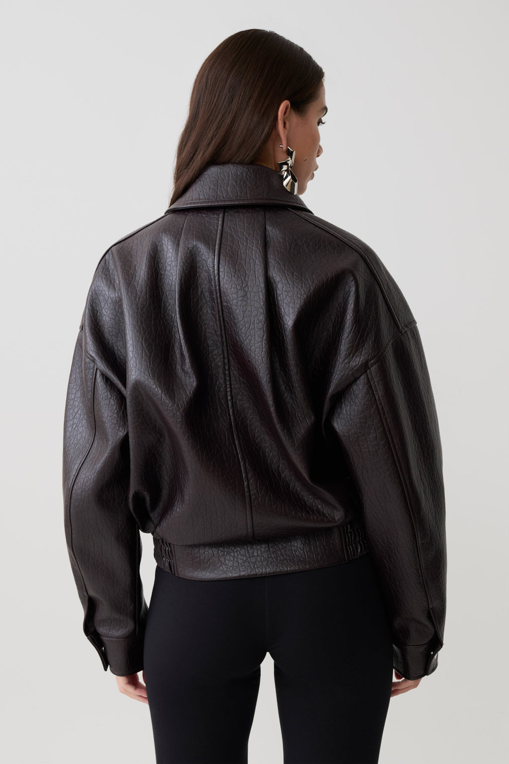 Paige Faux Leather Cropped Jacket - Cherry Brown